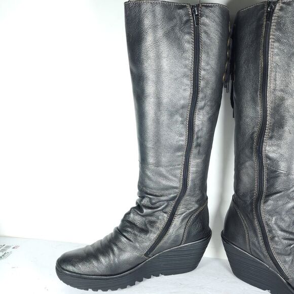 Fly London Womens Yust US9,5 EU40 Metallic Gray Leather Zip Wedge Riding Boots - Picture 5 of 16